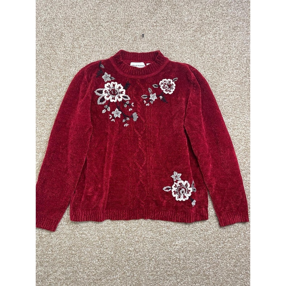 Alfred Dunner Womens Sweater Red White Floral Cable Knit Embroidered‎ Petites Xl